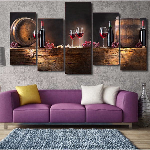 Modern Red Wine Glass 5 Panel Canvas Art Painting