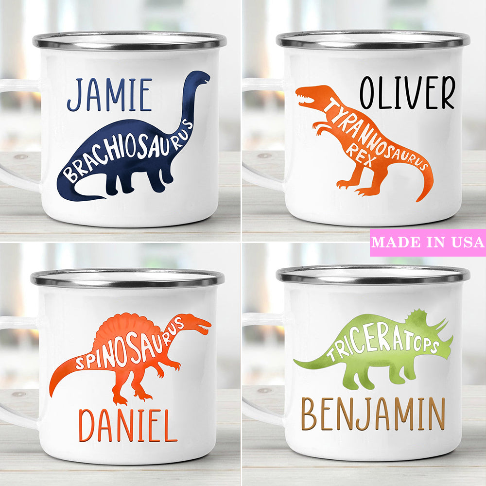 Custom Name Dinosaur Enamel Campfire Mug - Made in USA