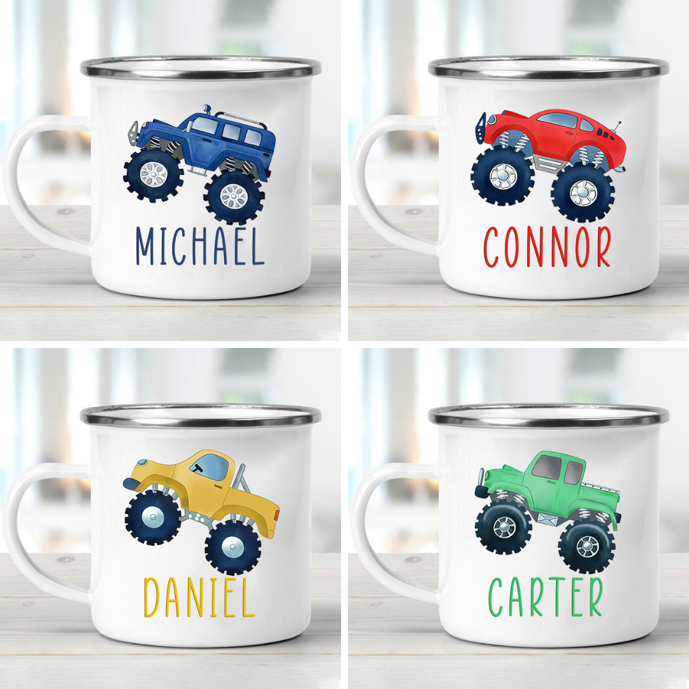 Custom Name Monster Truck Enamel Campfire Mug - Made in USA