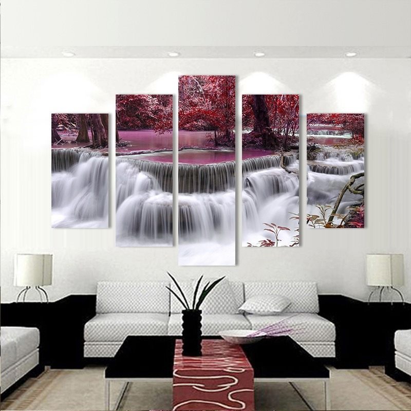 Purple Tree & Waterfall 5 Panel Canvas Art Painting Modern Home Decor