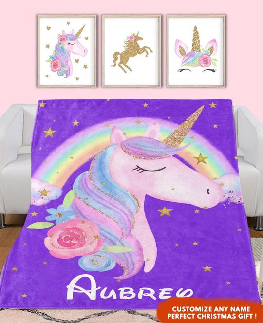 Custom Unicorn Sherpa Blanket with Name II, Personalized Baby Girl Blankets, Personalized Name Blankets