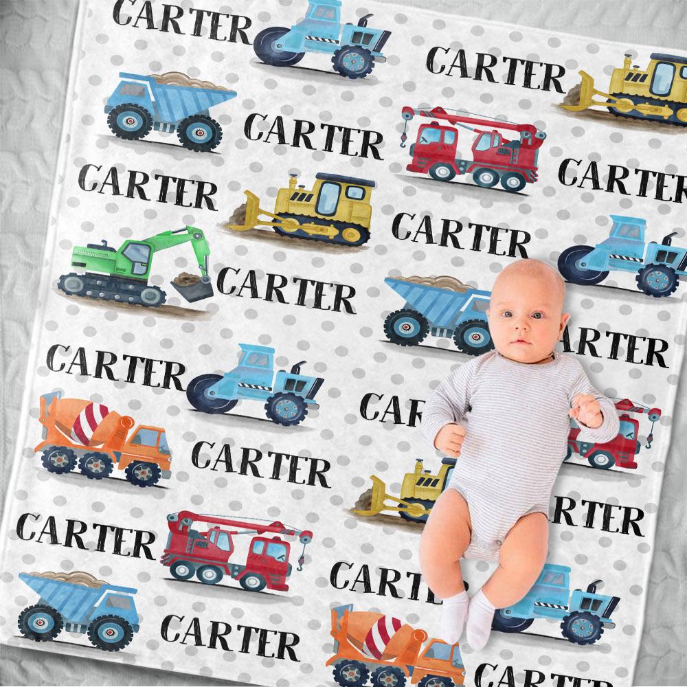 Personalized Name Trucks Fleece Blankets, Birthday Gifts, Baby Nursery Decor