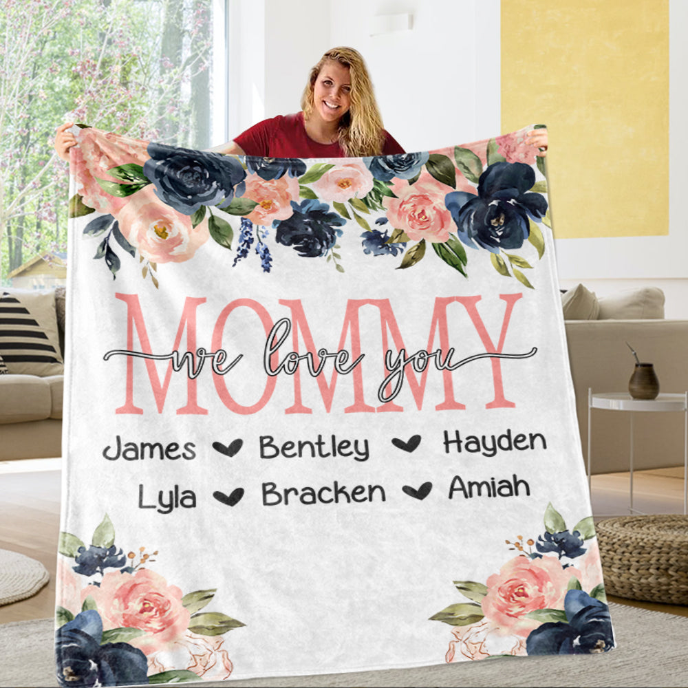 Custom Watercolor Floral Cozy Plush Fleece Blankets with Your Nick & Kids' Names