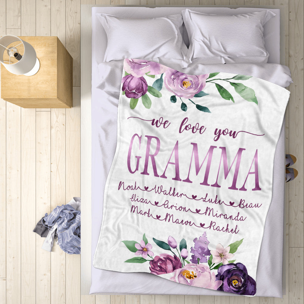 Custom Purple Floral Cozy Plush Fleece Blankets with Your Nick & Kids' Names