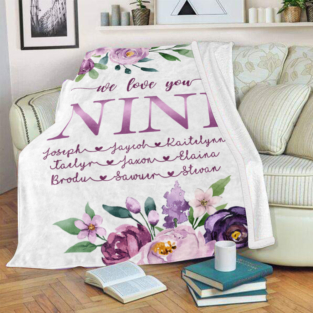 Custom Purple Floral Cozy Plush Fleece Blankets with Your Nick & Kids' Names
