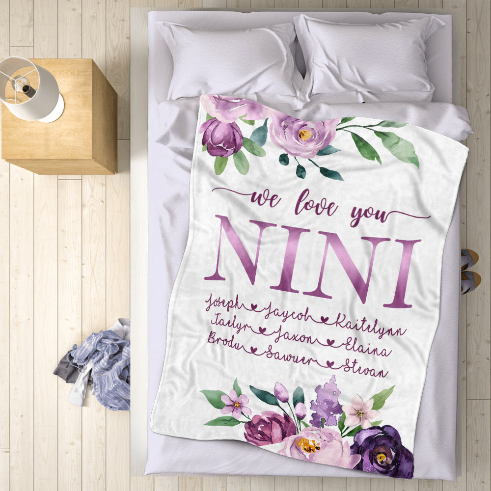 Custom Purple Floral Cozy Plush Fleece Blankets with Your Nick & Kids' Names