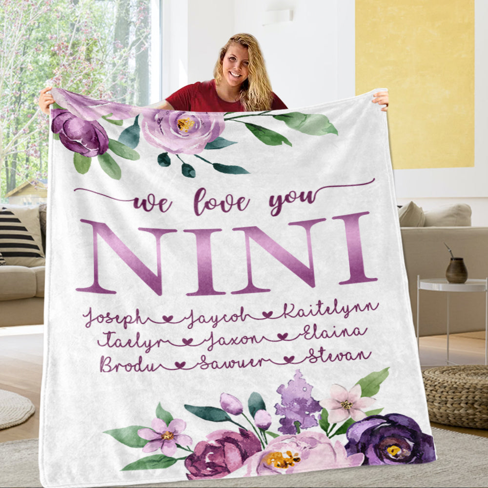 Custom Purple Floral Cozy Plush Fleece Blankets with Your Nick & Kids' Names