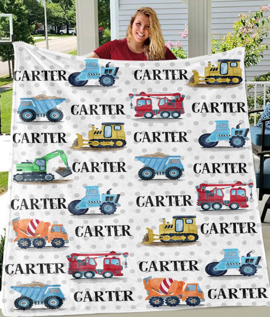 Personalized Name Trucks Fleece Blankets, Birthday Gifts, Baby Nursery Decor