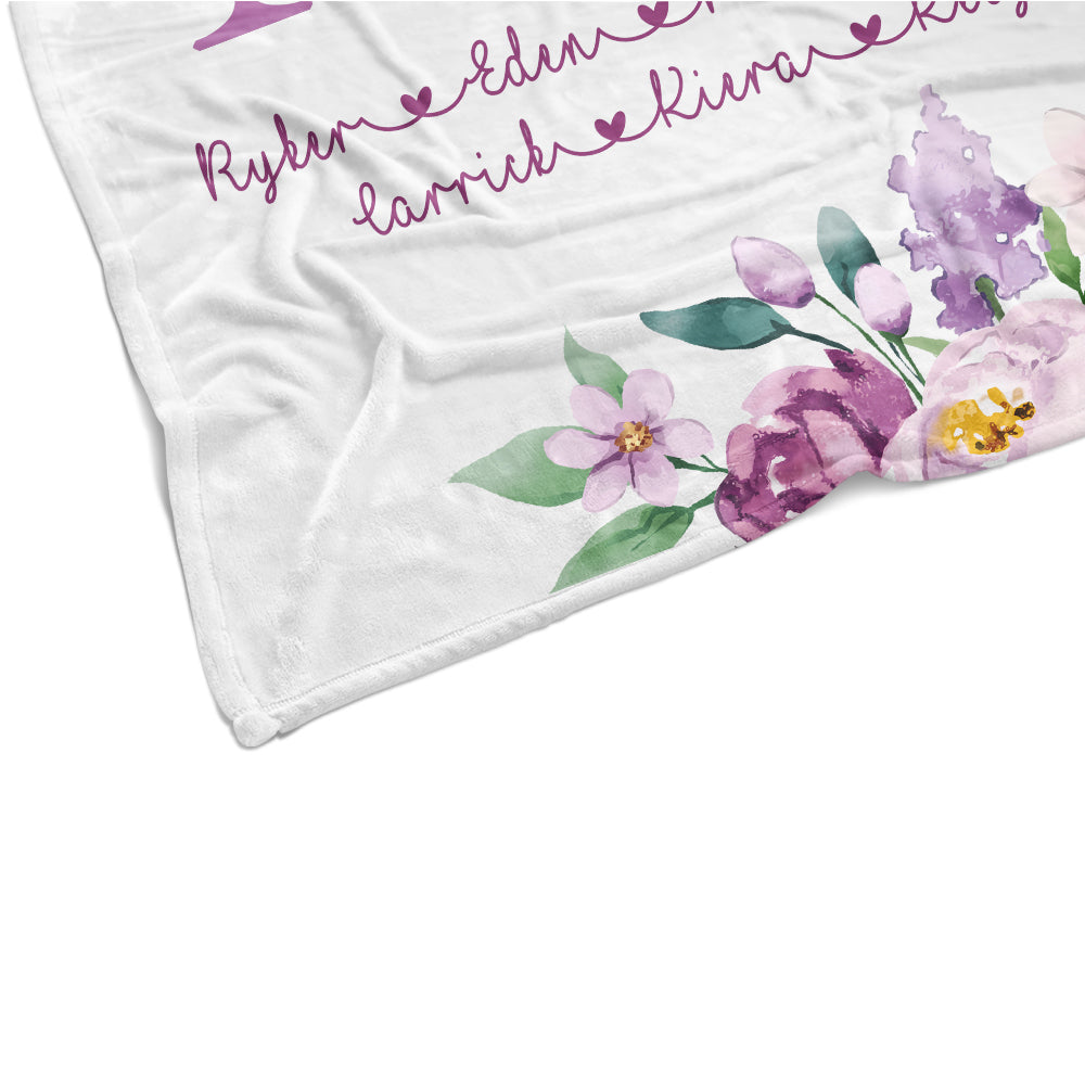 Custom Purple Floral Cozy Plush Fleece Blankets with Your Nick & Kids' Names