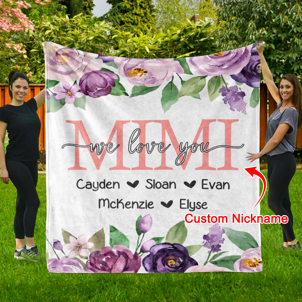 Personalized Purple Floral Cozy Plush Fleece Blankets with Your Nick & Kids' Names