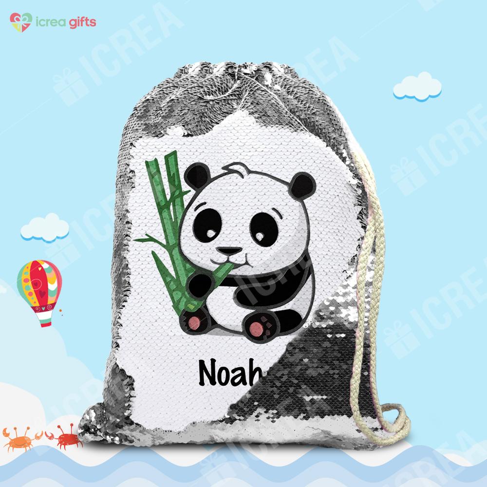 Personalized Giant Panda With Bamboo Drawstring Sequin Backpack