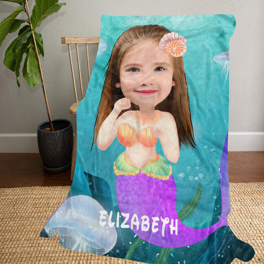 Personalized Mermaid Hand-Drawing Kid's Photo Portrait Fleece Blanket II