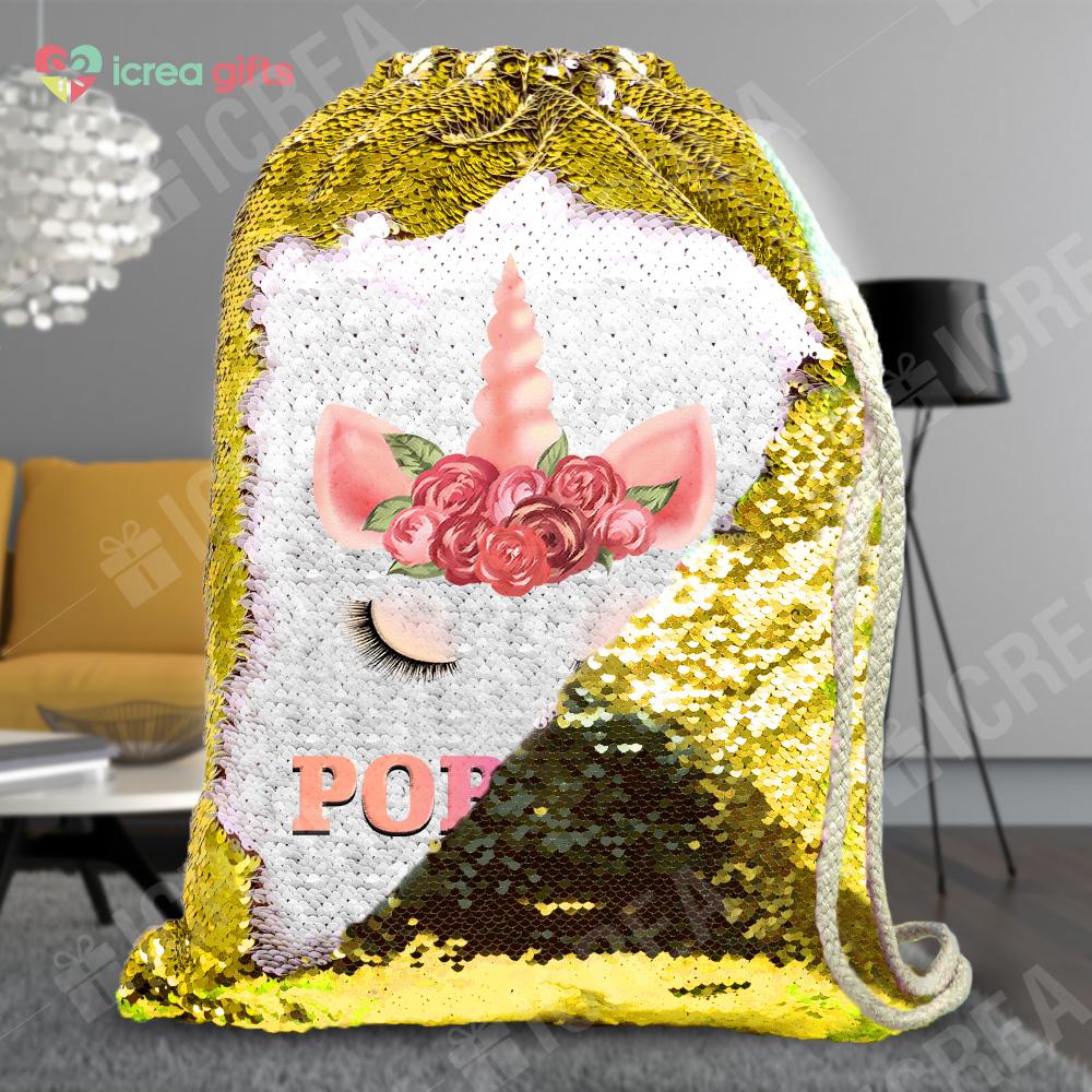 Personalized Floral Unicorn Drawstring Sequin Backpack