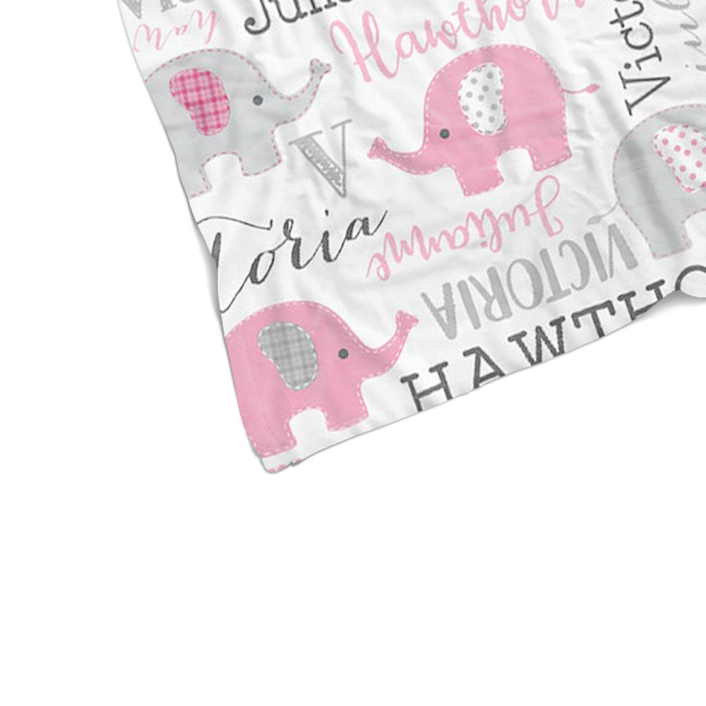 Personalized Pink & Gray Elephant Name Pattern Baby Blanket-BUY 2 SAVE 10%