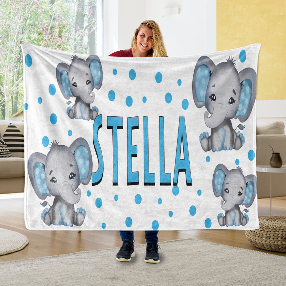 Personalized Kids Boy Elephant Fleece Blanket, Custom Kids Name Fleece Blanket