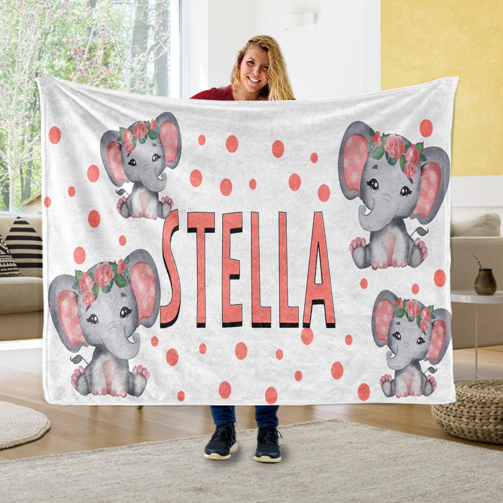 Personalized Kids Girl Elephant Fleece Blanket, Custom Kids Name Fleece Blanket