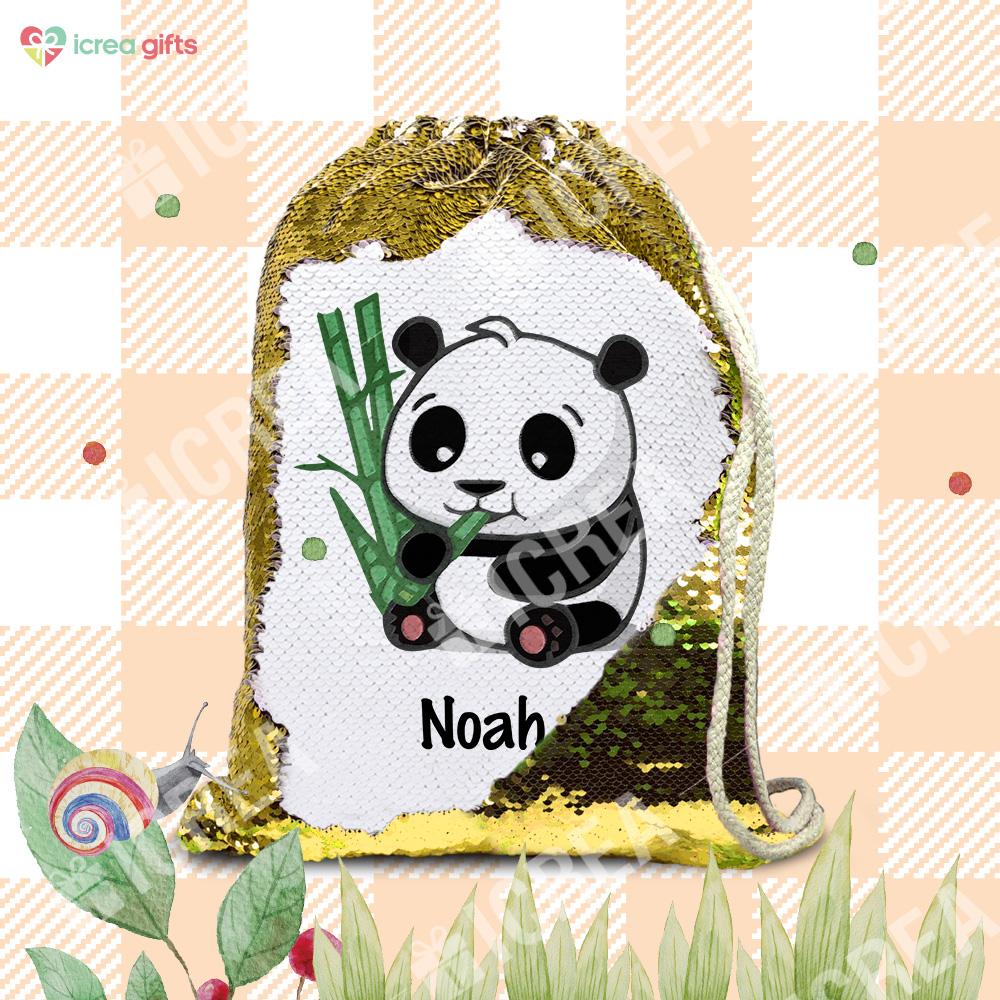 Personalized Giant Panda With Bamboo Drawstring Sequin Backpack