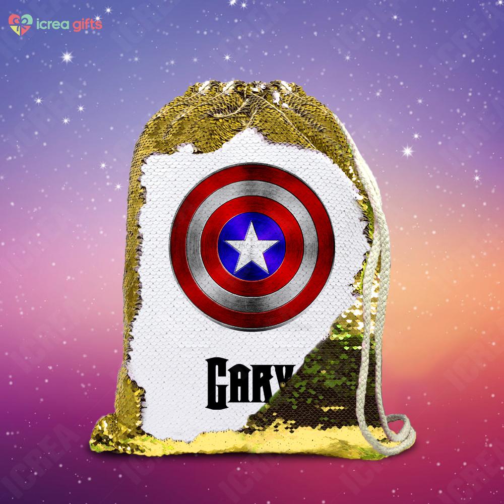 Personalized Captain America's Shield Drawstring Sequin Backpack