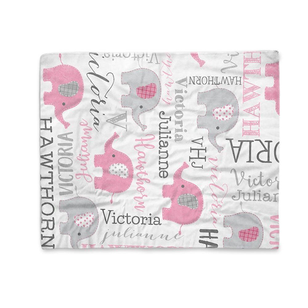Personalized Pink & Gray Elephant Name Pattern Baby Blanket-BUY 2 SAVE 10%