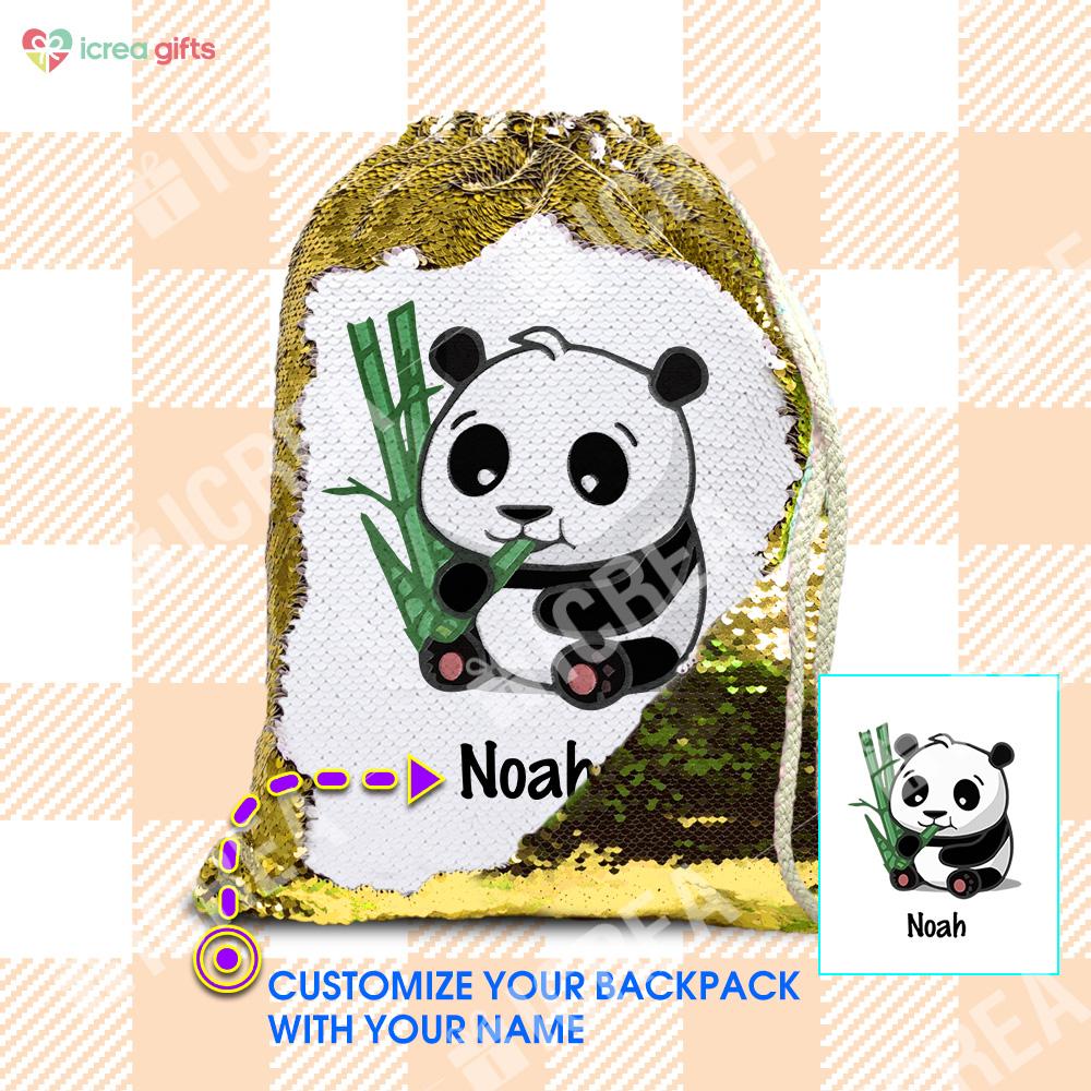 Personalized Giant Panda With Bamboo Drawstring Sequin Backpack