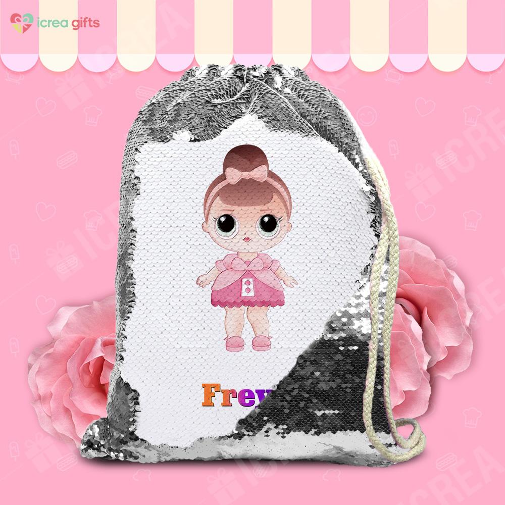 Personalized Pretty Doll Drawstring Sequin Backpack