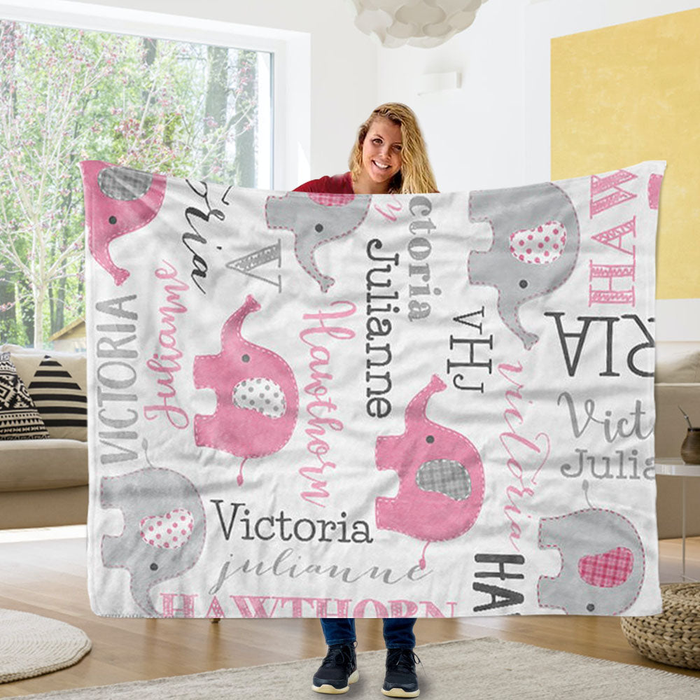 Personalized Pink & Gray Elephant Name Pattern Baby Blanket-BUY 2 SAVE 10%