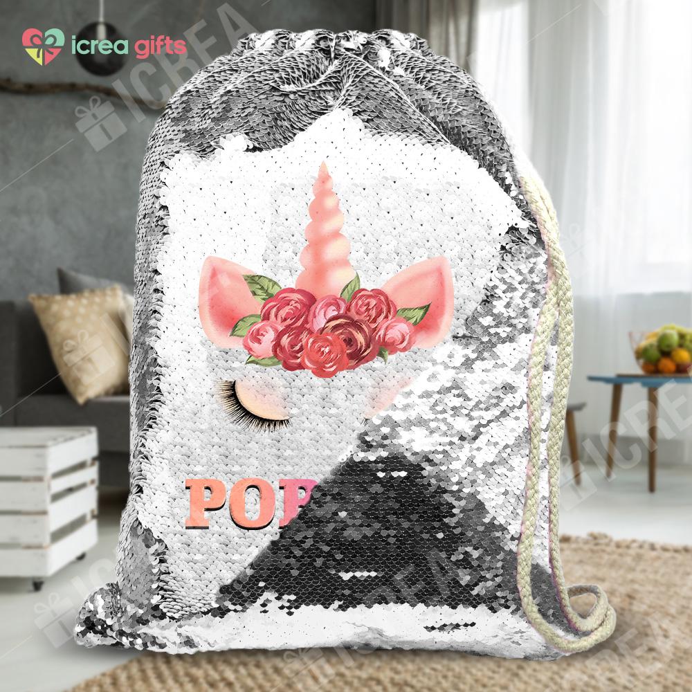 Personalized Floral Unicorn Drawstring Sequin Backpack