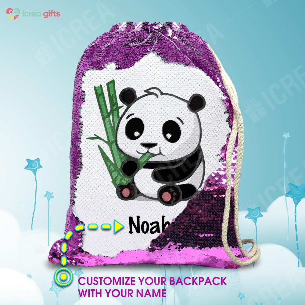 Personalized Giant Panda With Bamboo Drawstring Sequin Backpack