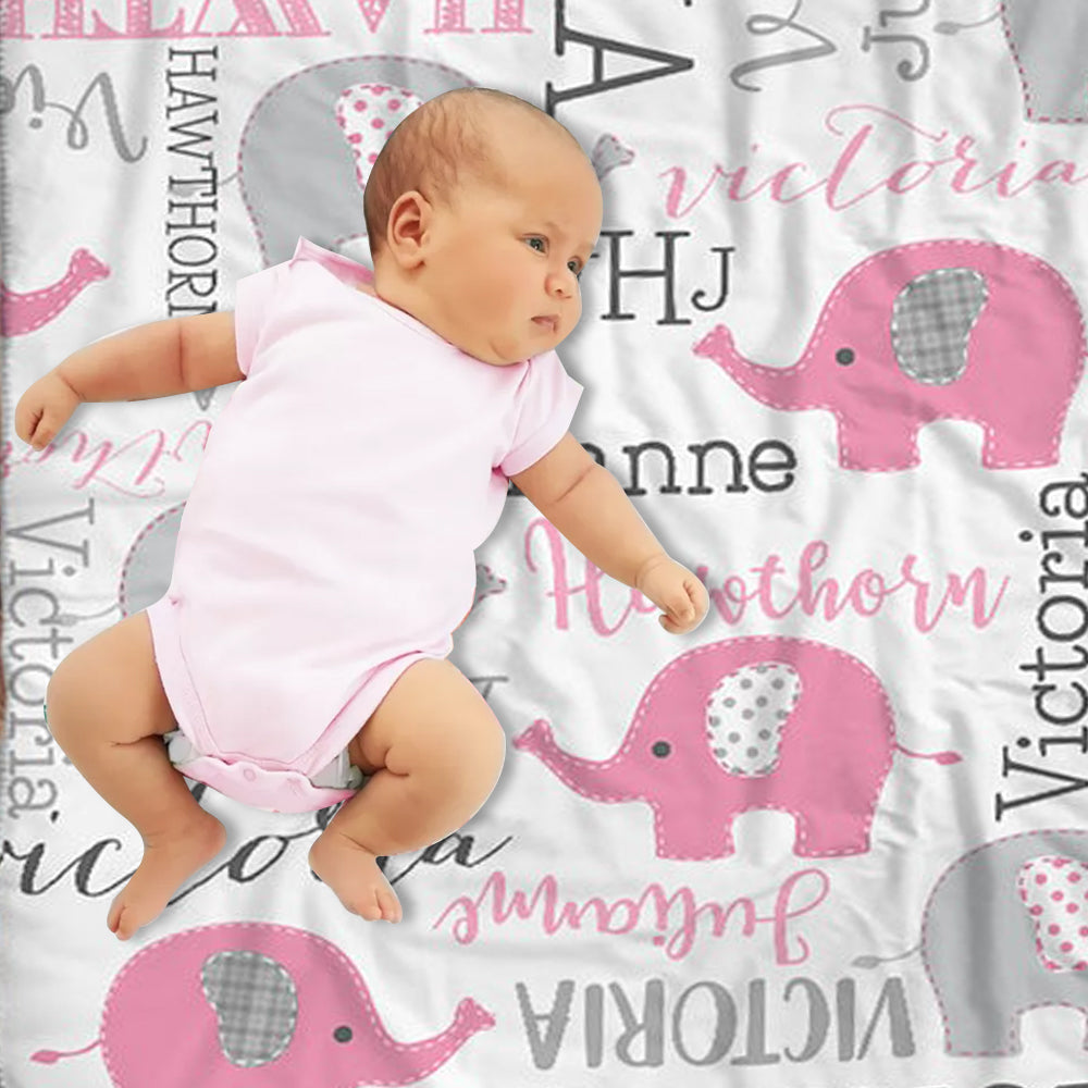 Personalized Pink & Gray Elephant Name Pattern Baby Blanket-BUY 2 SAVE 10%