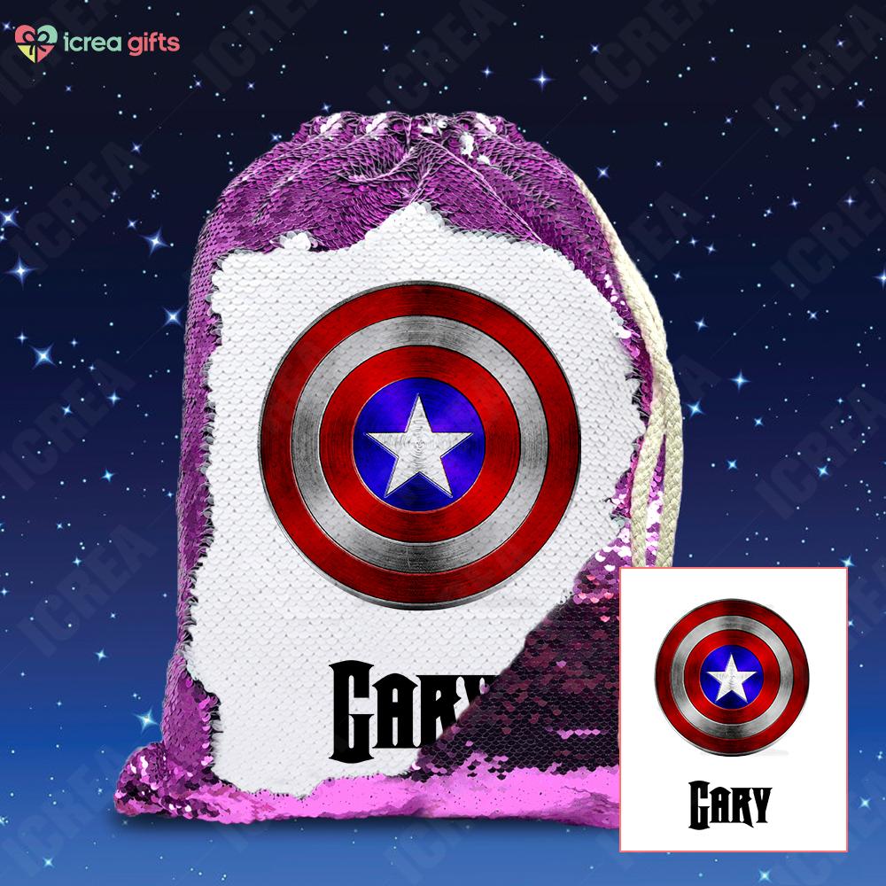 Personalized Captain America's Shield Drawstring Sequin Backpack