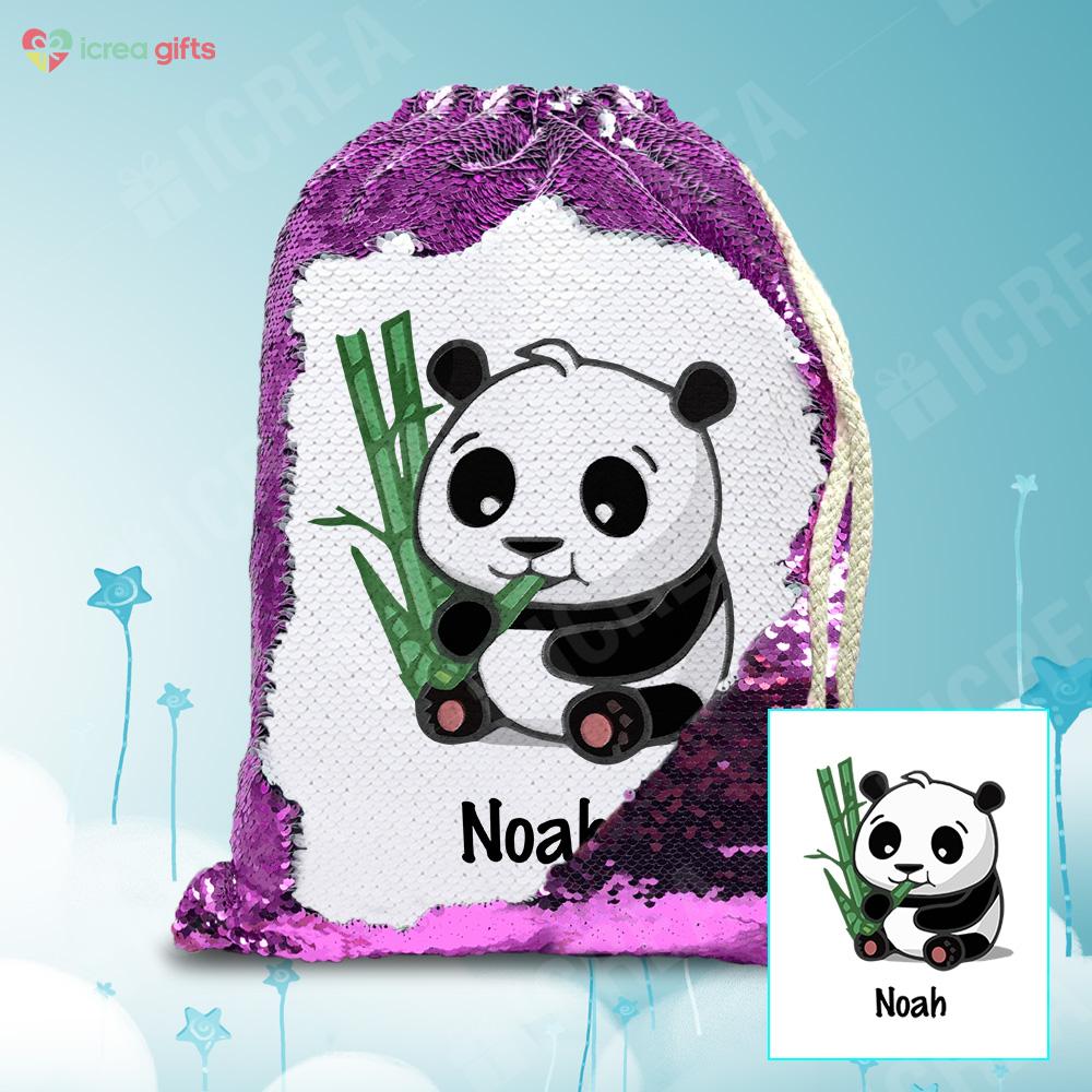 Personalized Giant Panda With Bamboo Drawstring Sequin Backpack