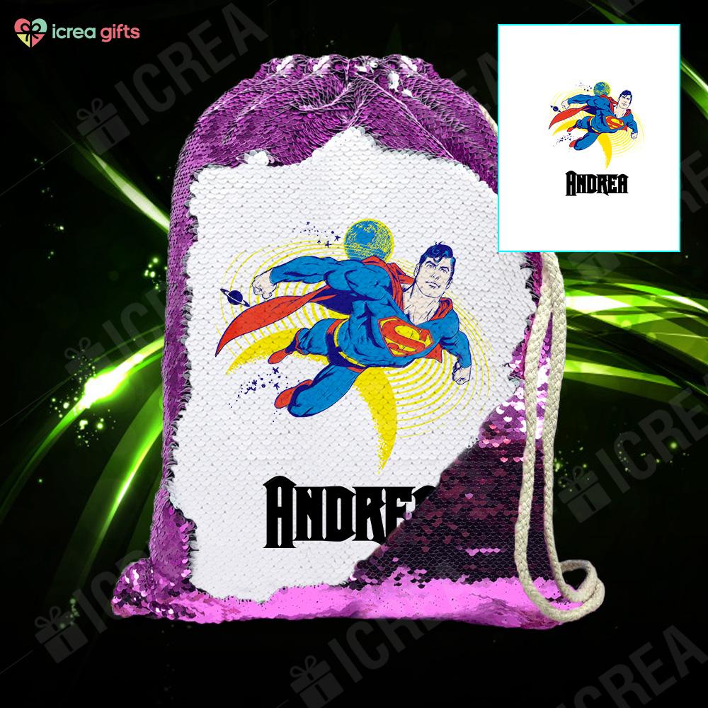 Personalized Superman Drawstring Sequin Backpack