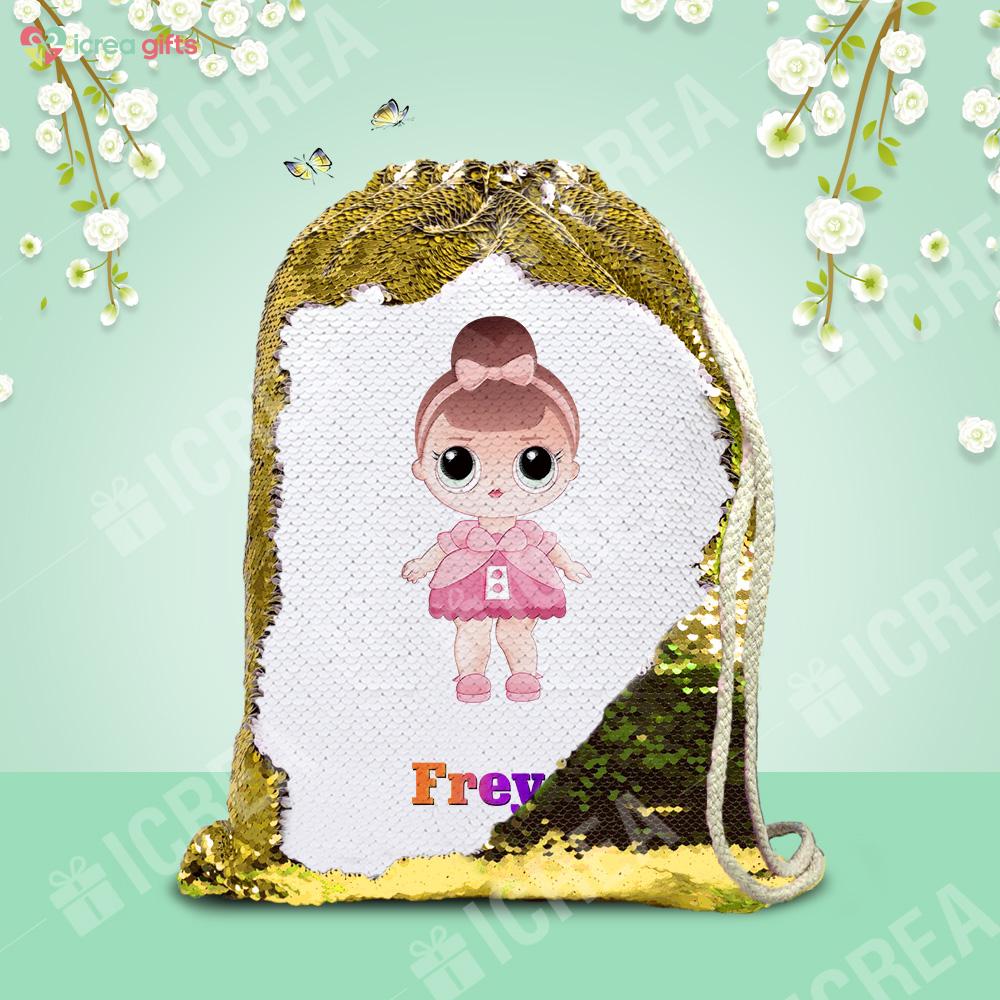 Personalized Pretty Doll Drawstring Sequin Backpack