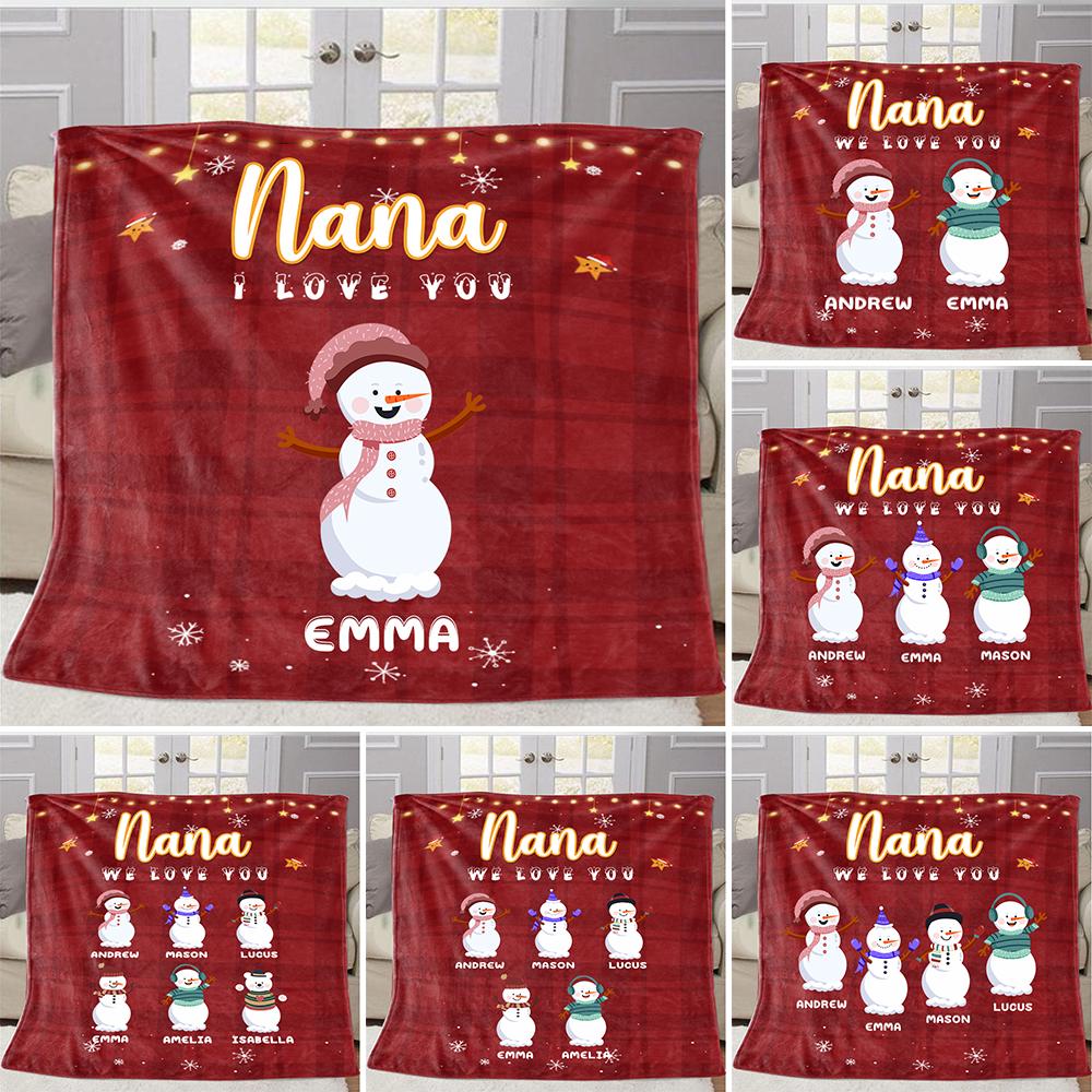 Personalized Snowmen Christmas Blanket with Children's Names