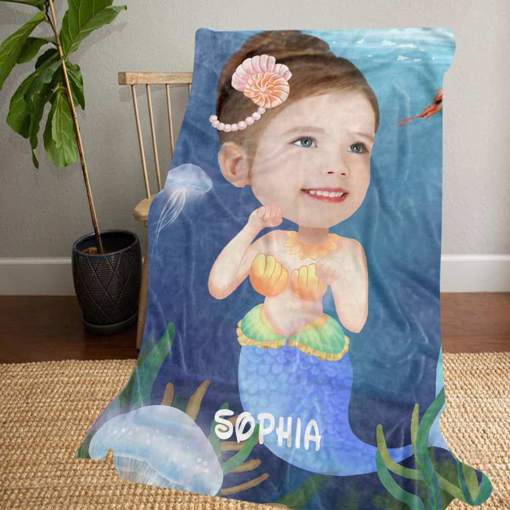 Personalized Mermaid Hand-Drawing Kid's Photo Portrait Fleece Blanket I