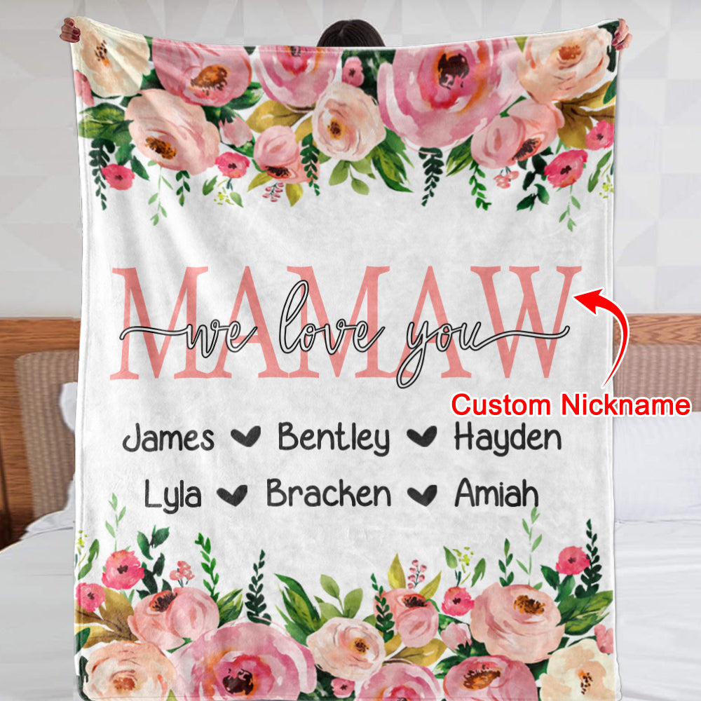 Personalized Pink Floral Cozy Plush Fleece Blankets with Your Nick & Kids' Names