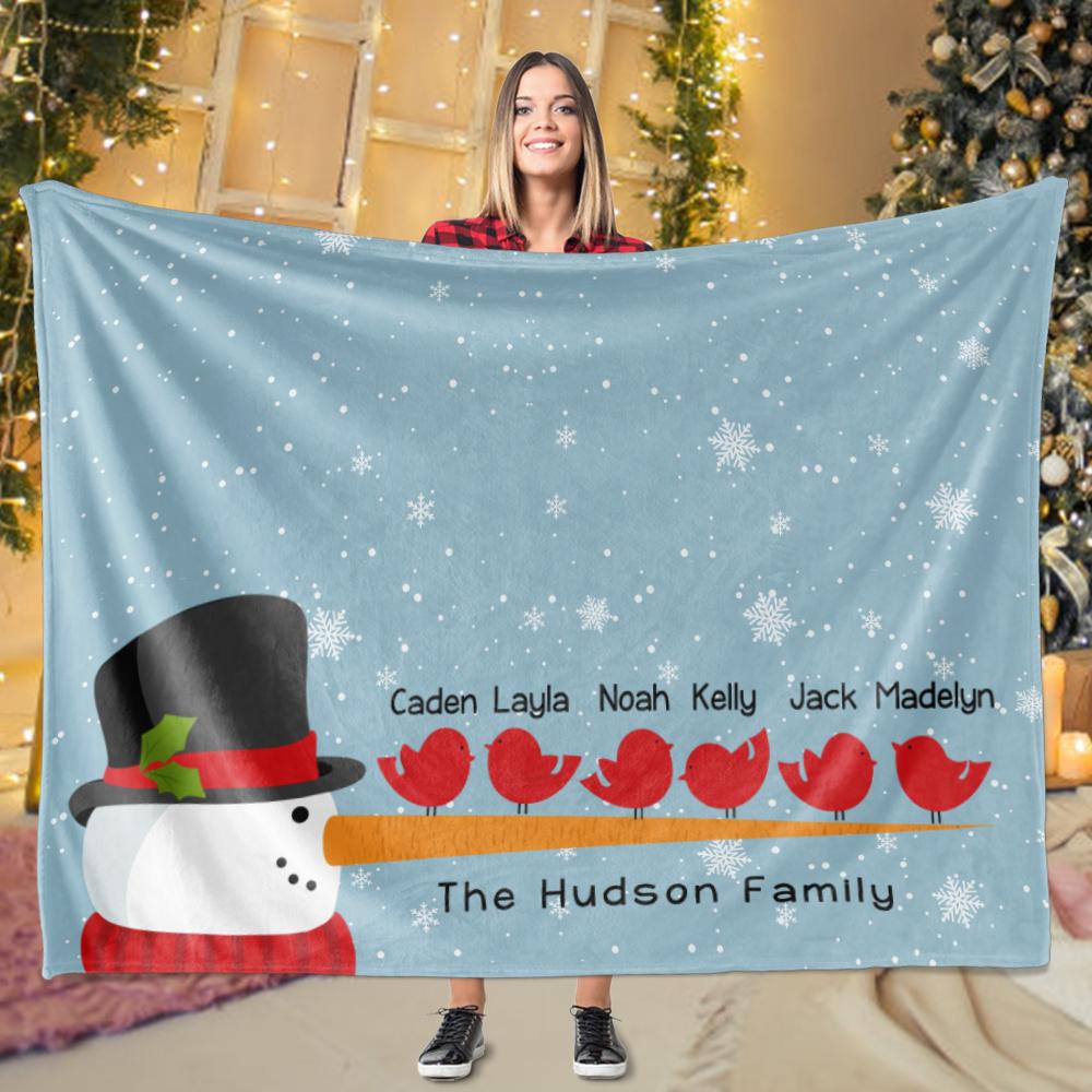 Personalized Christmas Snowman and Bird Family Member Fleece Blanket