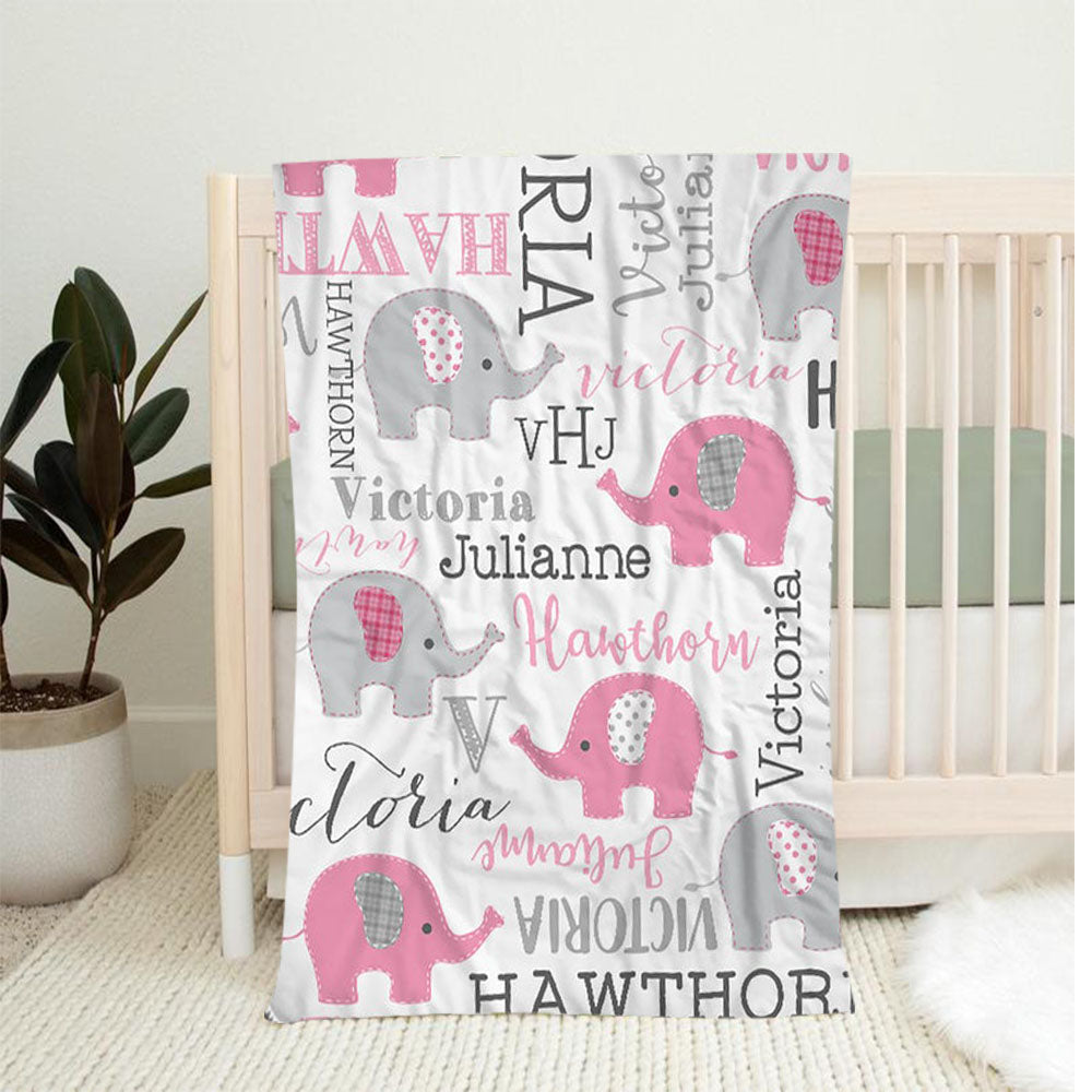 Personalized Pink & Gray Elephant Name Pattern Baby Blanket-BUY 2 SAVE 10%