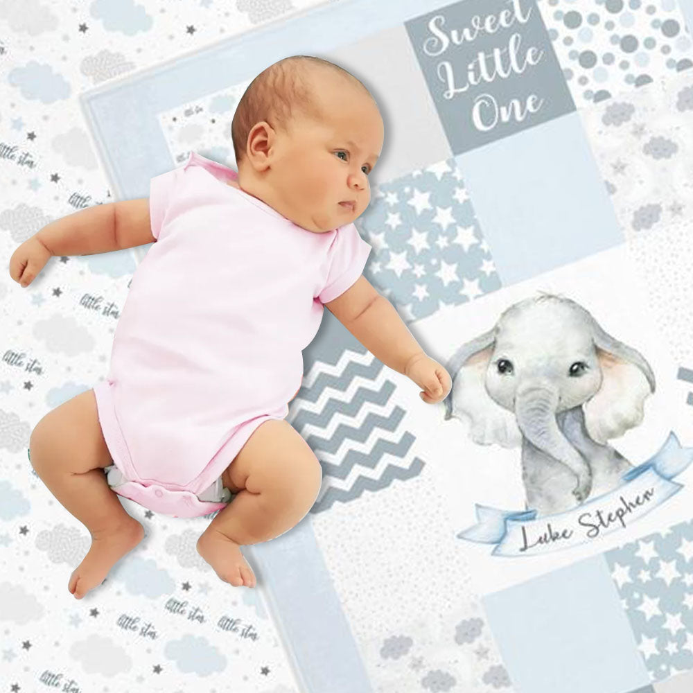 Personalized Baby Boy Elephant Blanket, Custom Initial & Name Pink Floral Nursery Blanket -BUY 2 SAVE 10%