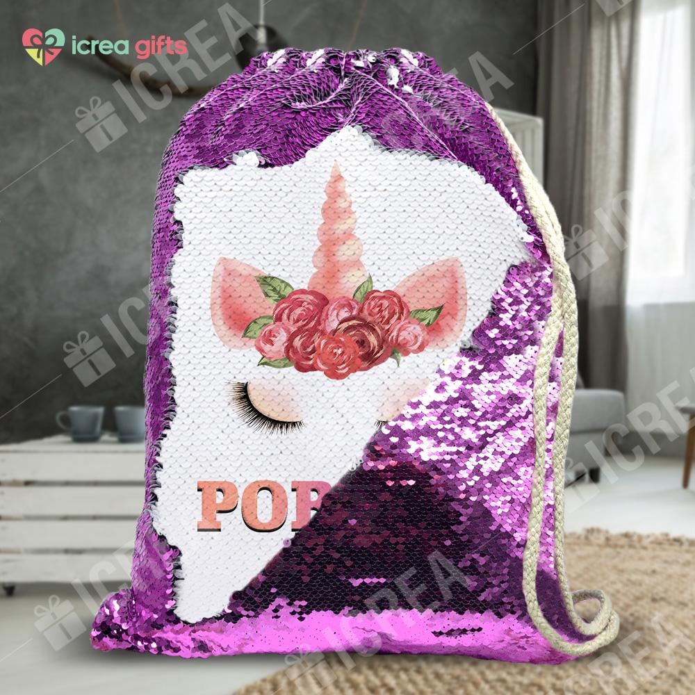 Personalized Floral Unicorn Drawstring Sequin Backpack