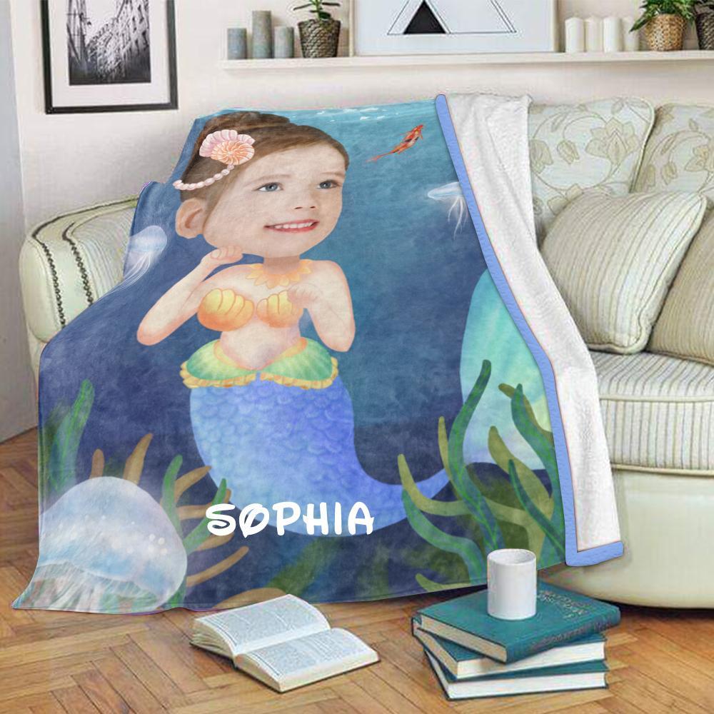 Personalized Mermaid Hand-Drawing Kid's Photo Portrait Fleece Blanket--Made in USA!