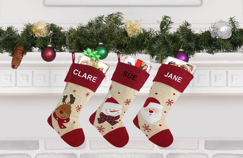 Personalised Christmas Stocking - Red Santa, Snowman and Reindeer Designs - Embroidered Name
