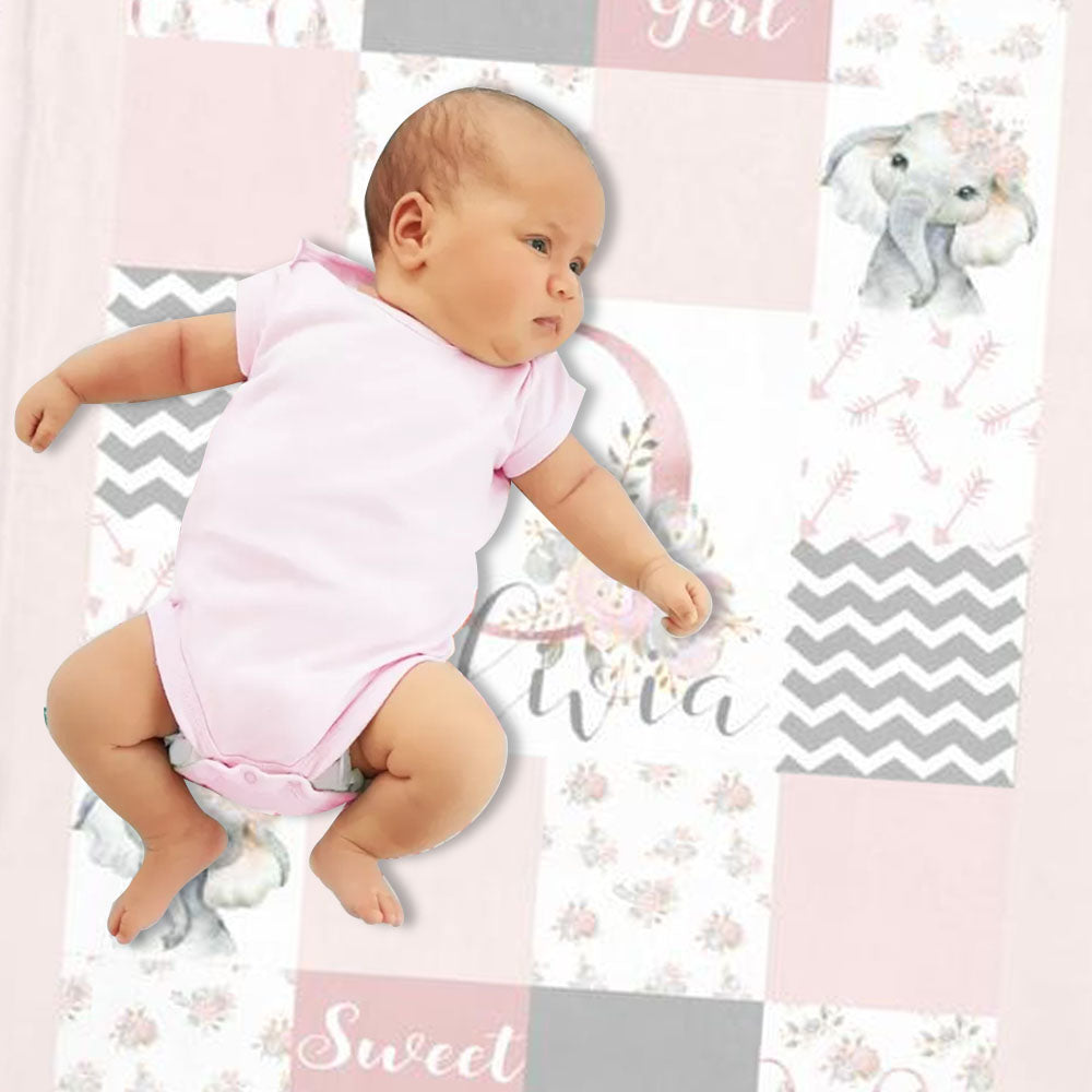 Personalized Baby Girl Elephant Blanket, Custom Initial & Name Pink Floral Nursery Blanket -BUY 2 SAVE 10%