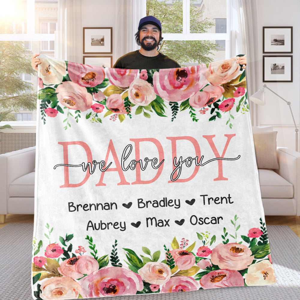 Personalized Pink Floral Cozy Plush Fleece Blankets with Your Nick & Kids' Names