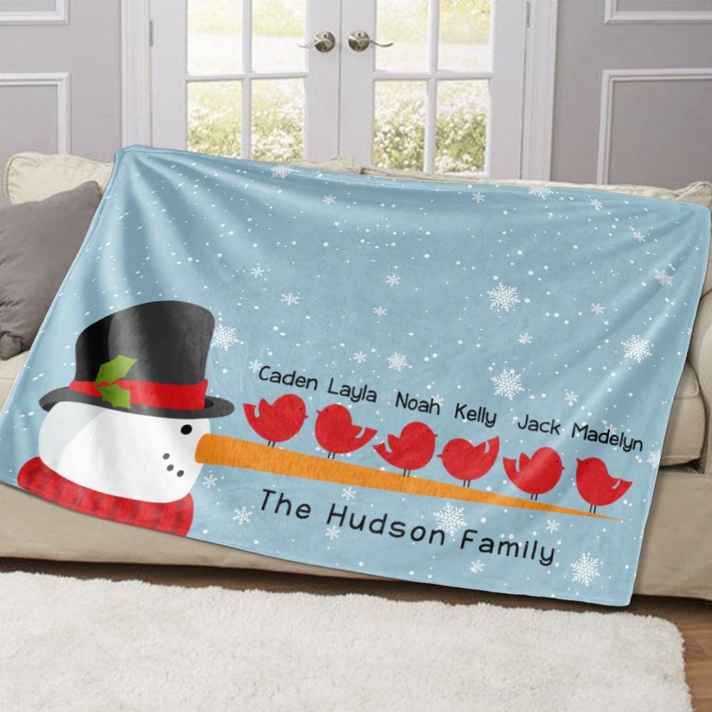 Personalized Christmas Snowman and Bird Family Member Fleece Blanket