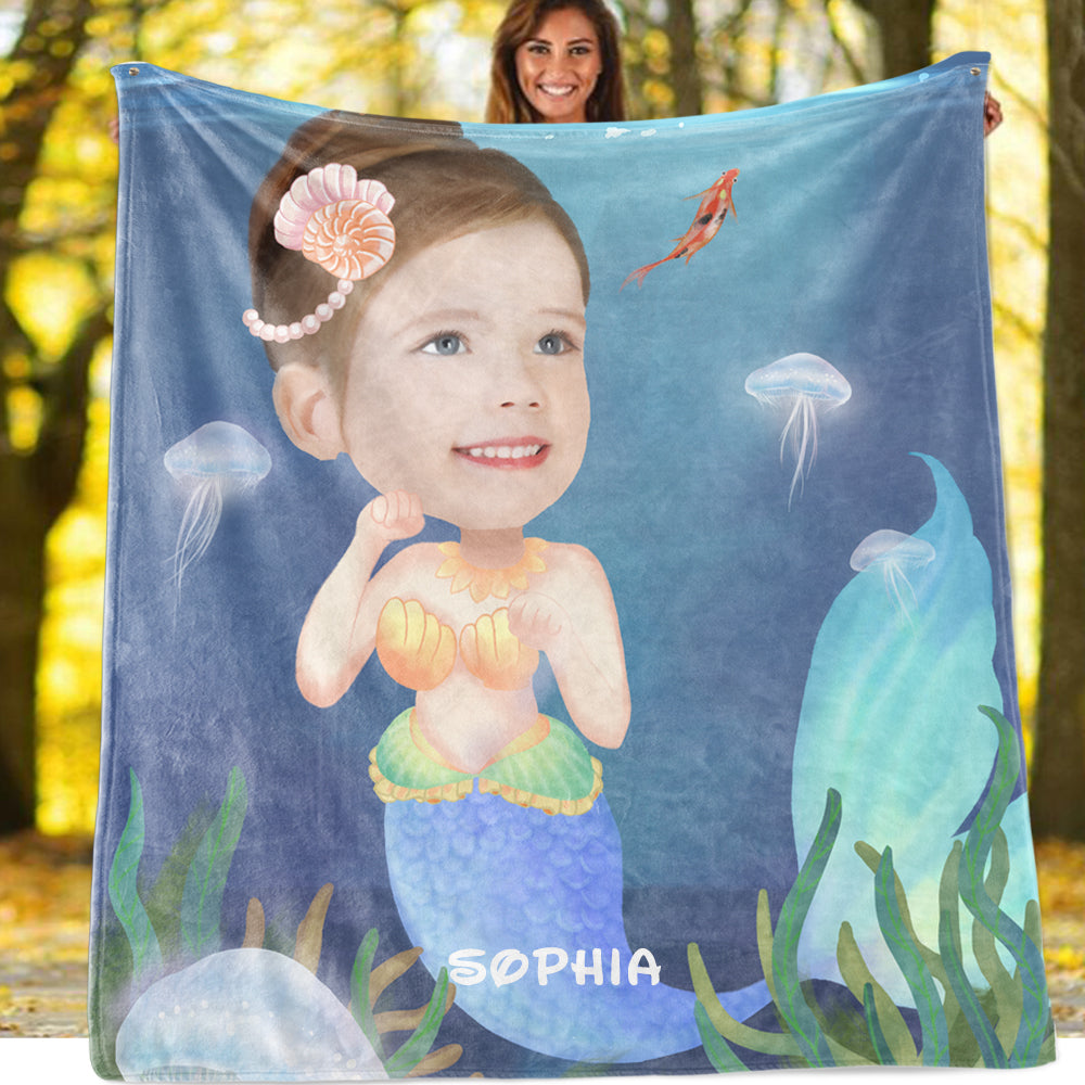 Personalized Mermaid Hand-Drawing Kid's Photo Portrait Fleece Blanket I