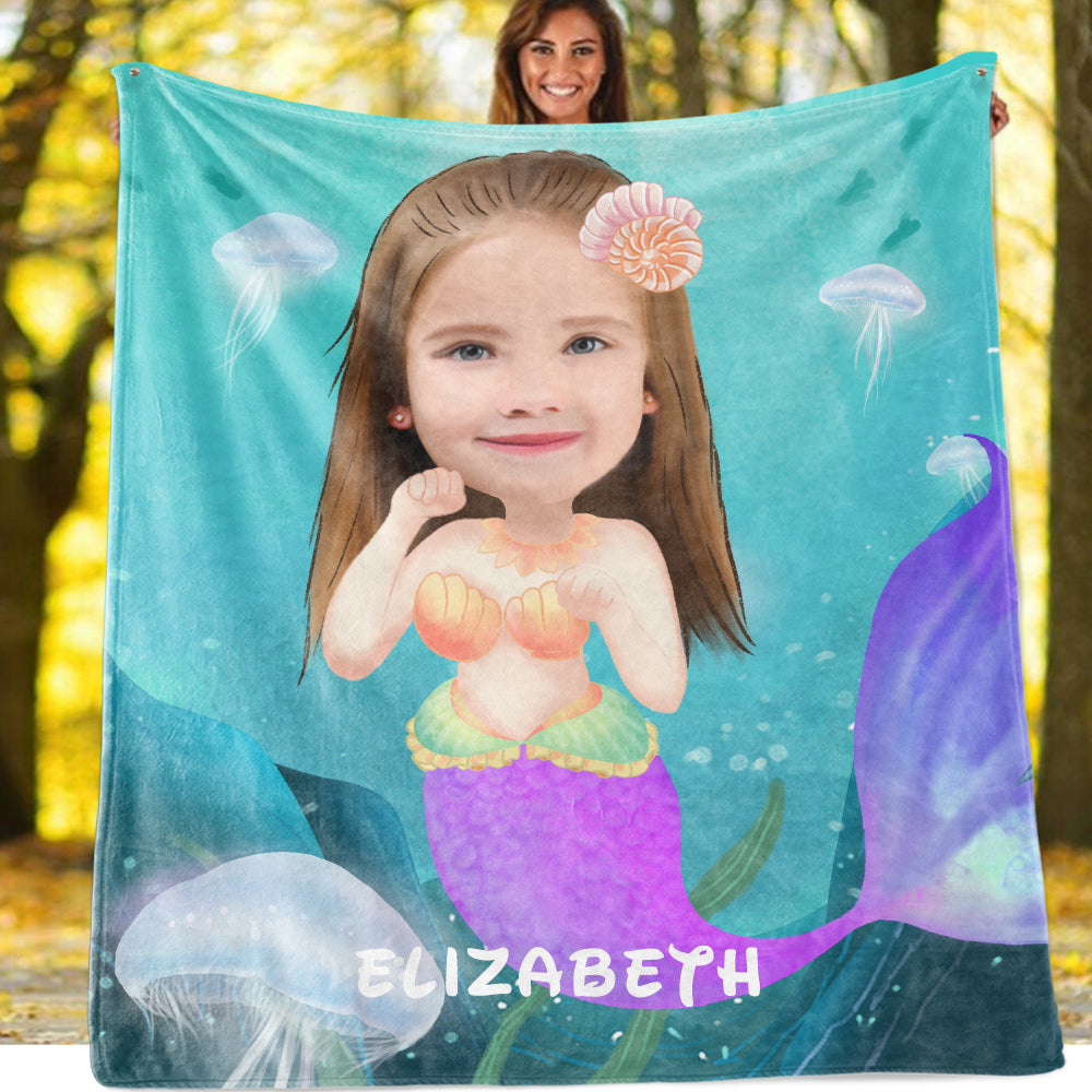 Personalized Mermaid Hand-Drawing Kid's Photo Portrait Fleece Blanket II