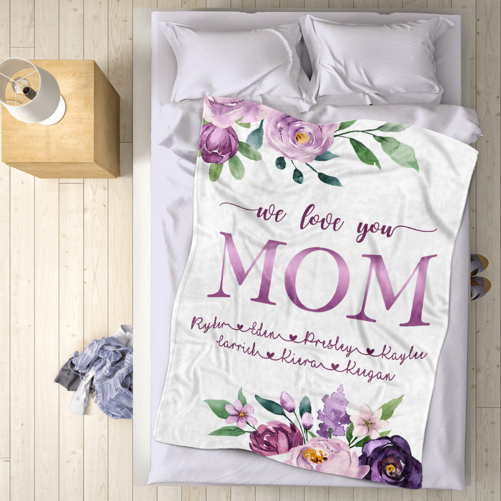 Custom Purple Floral Cozy Plush Fleece Blankets with Your Nick & Kids' Names