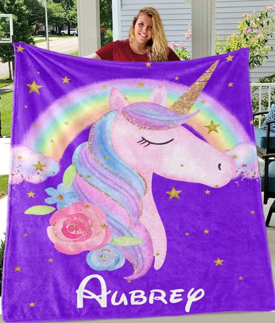 Custom Unicorn Sherpa Blanket with Name II, Personalized Baby Girl Blankets, Personalized Name Blankets