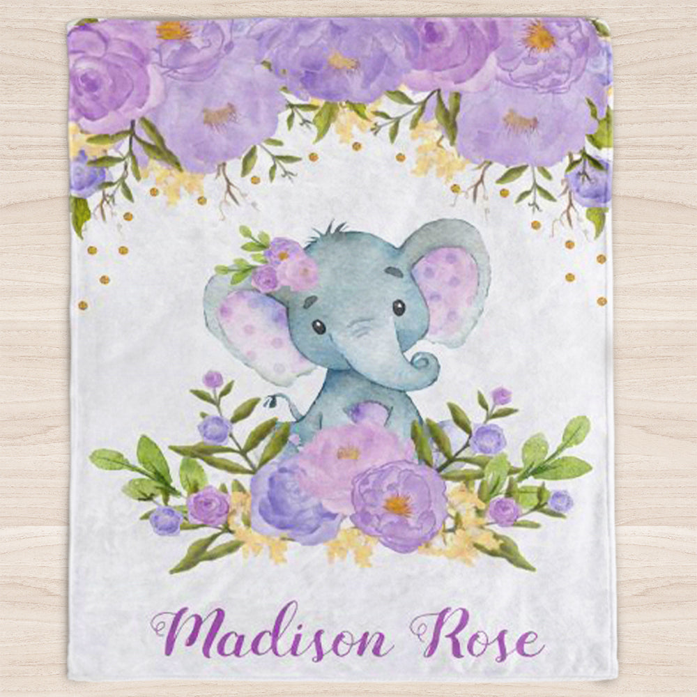 Custom Name Elephant Baby Girl Blanket